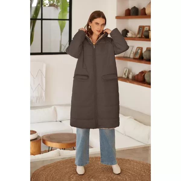 ECOWISH Women Winter Puffer Jacket  Reversible Fur Fleece Lined Hood Zip Sherpa Coat Parka Padded Long OuterwearDark Coffee