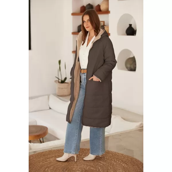 ECOWISH Women Winter Puffer Jacket  Reversible Fur Fleece Lined Hood Zip Sherpa Coat Parka Padded Long OuterwearDark Coffee