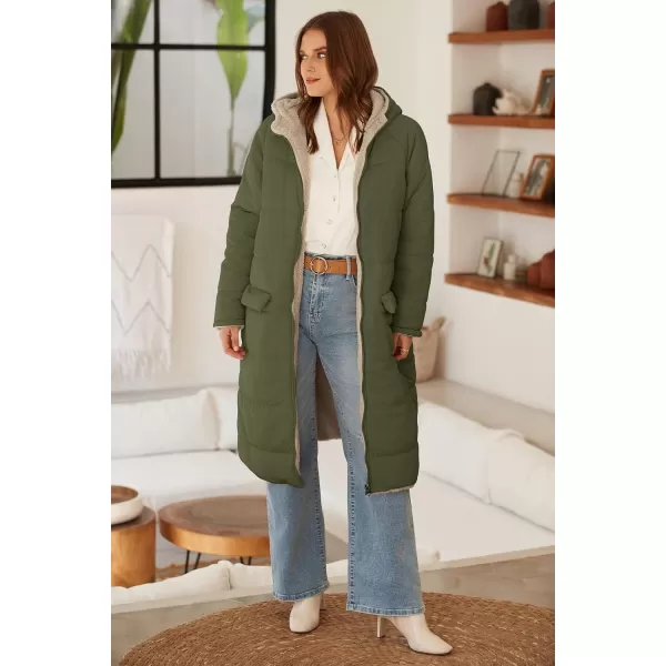 ECOWISH Women Winter Puffer Jacket  Reversible Fur Fleece Lined Hood Zip Sherpa Coat Parka Padded Long OuterwearOlive Green