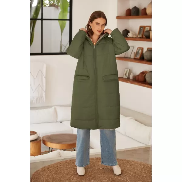 ECOWISH Women Winter Puffer Jacket  Reversible Fur Fleece Lined Hood Zip Sherpa Coat Parka Padded Long OuterwearOlive Green