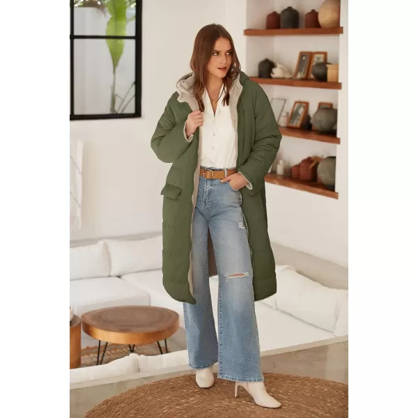 ECOWISH Women Winter Puffer Jacket  Reversible Fur Fleece Lined Hood Zip Sherpa Coat Parka Padded Long OuterwearOlive Green
