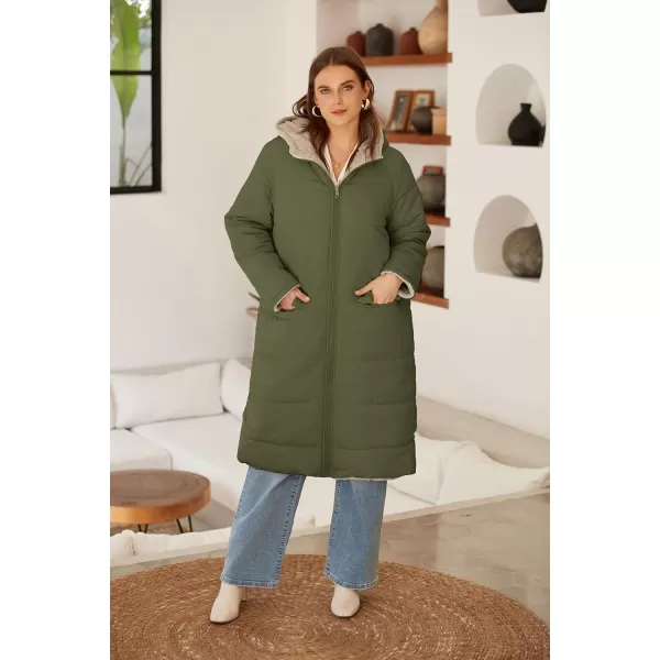 ECOWISH Women Winter Puffer Jacket  Reversible Fur Fleece Lined Hood Zip Sherpa Coat Parka Padded Long OuterwearOlive Green