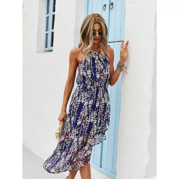 ECOWISH Womens Boho Dress Polka dot Tie Waist Irregular Cocktail Midi Dresses Sleeveless Halter Neck Sexy Sundress S3XL169 Navy Blue