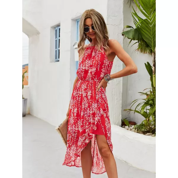 ECOWISH Womens Boho Dress Polka dot Tie Waist Irregular Cocktail Midi Dresses Sleeveless Halter Neck Sexy Sundress S3XL169 Red