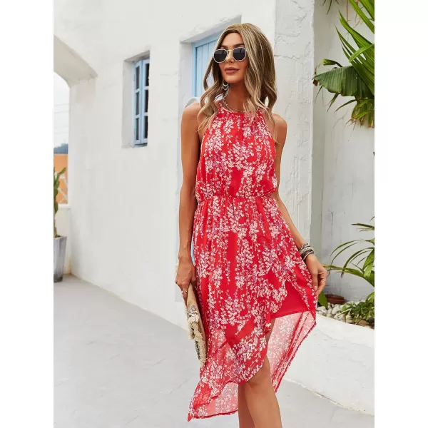 ECOWISH Womens Boho Dress Polka dot Tie Waist Irregular Cocktail Midi Dresses Sleeveless Halter Neck Sexy Sundress S3XL169 Red