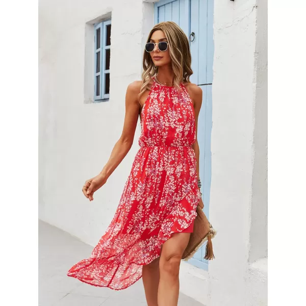 ECOWISH Womens Boho Dress Polka dot Tie Waist Irregular Cocktail Midi Dresses Sleeveless Halter Neck Sexy Sundress S3XL169 Red