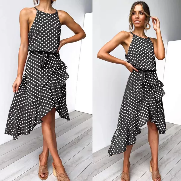 ECOWISH Womens Boho Dress Polka dot Tie Waist Irregular Cocktail Midi Dresses Sleeveless Halter Neck Sexy Sundress S3XLBlack