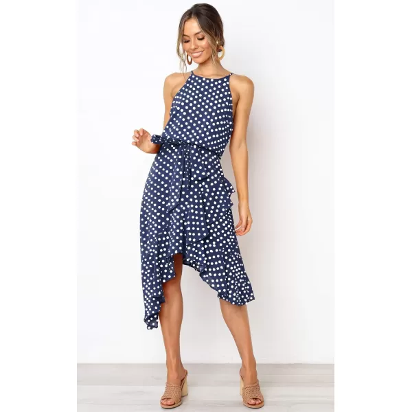 ECOWISH Womens Boho Dress Polka dot Tie Waist Irregular Cocktail Midi Dresses Sleeveless Halter Neck Sexy Sundress S3XLBlue