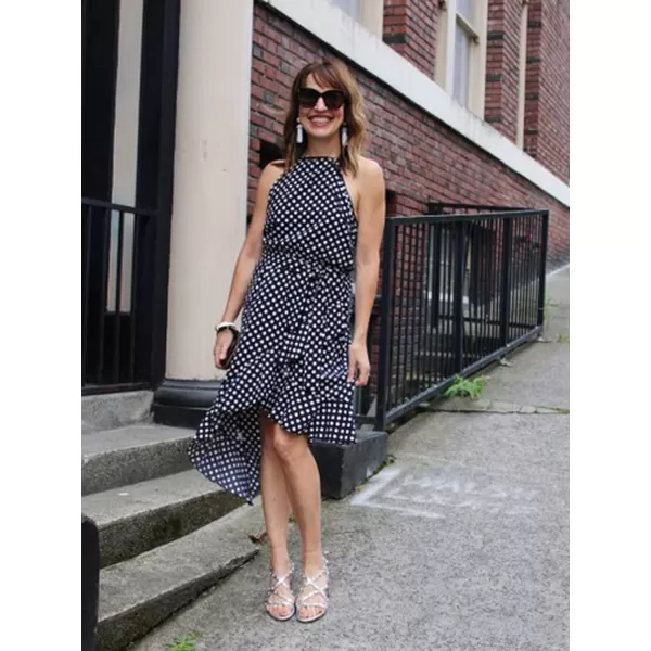 ECOWISH Womens Boho Dress Polka dot Tie Waist Irregular Cocktail Midi Dresses Sleeveless Halter Neck Sexy Sundress S3XLBlue
