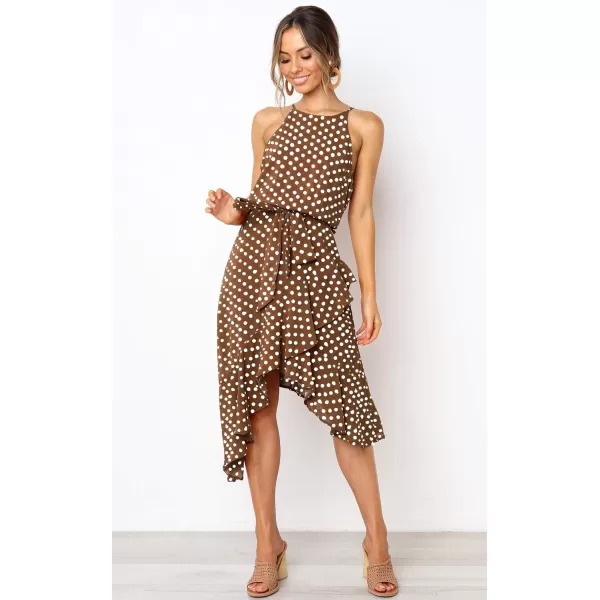 ECOWISH Womens Boho Dress Polka dot Tie Waist Irregular Cocktail Midi Dresses Sleeveless Halter Neck Sexy Sundress S3XLCoffee