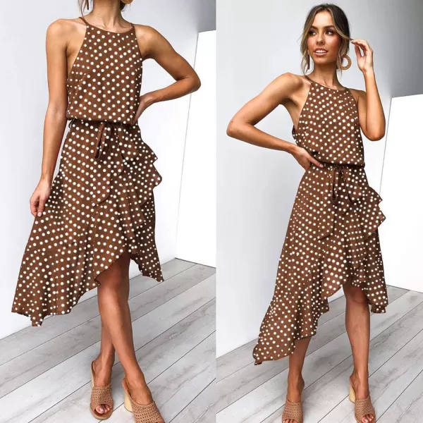 ECOWISH Womens Boho Dress Polka dot Tie Waist Irregular Cocktail Midi Dresses Sleeveless Halter Neck Sexy Sundress S3XLCoffee