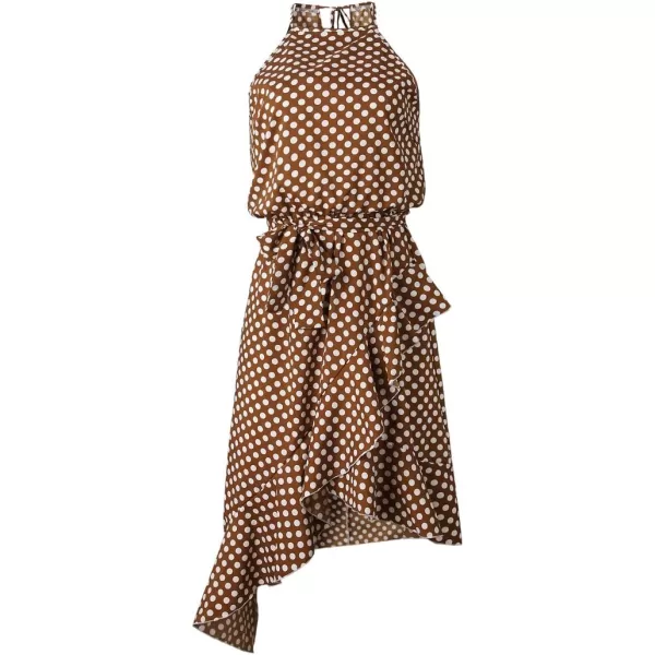 ECOWISH Womens Boho Dress Polka dot Tie Waist Irregular Cocktail Midi Dresses Sleeveless Halter Neck Sexy Sundress S3XLCoffee