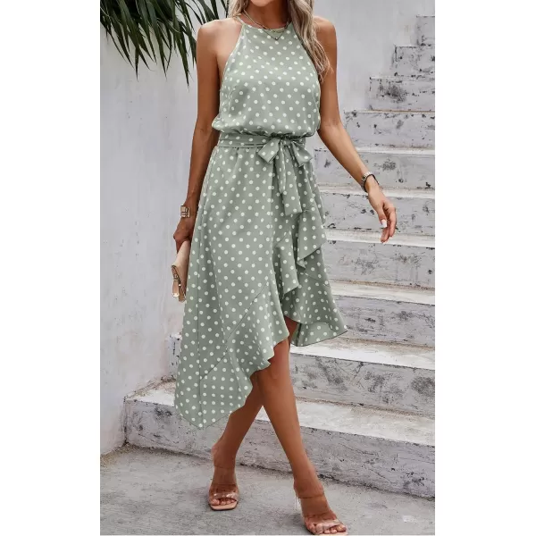 ECOWISH Womens Boho Dress Polka dot Tie Waist Irregular Cocktail Midi Dresses Sleeveless Halter Neck Sexy Sundress S3XLLight Green