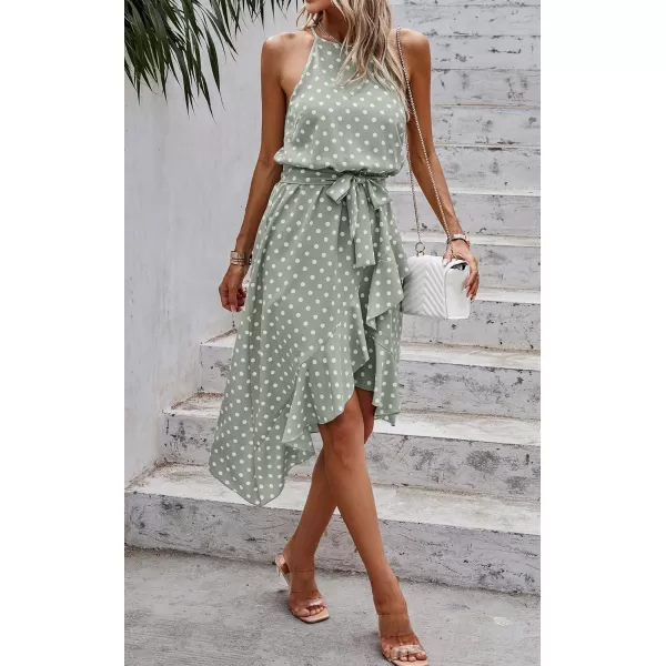 ECOWISH Womens Boho Dress Polka dot Tie Waist Irregular Cocktail Midi Dresses Sleeveless Halter Neck Sexy Sundress S3XLLight Green