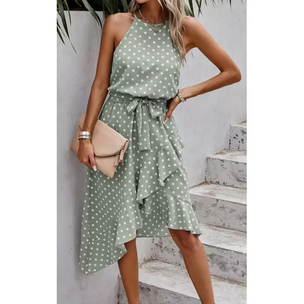 ECOWISH Womens Boho Dress Polka dot Tie Waist Irregular Cocktail Midi Dresses Sleeveless Halter Neck Sexy Sundress S3XLLight Green
