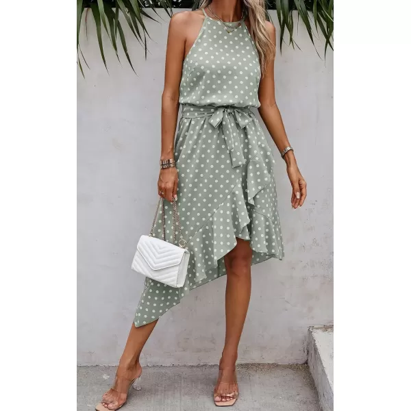ECOWISH Womens Boho Dress Polka dot Tie Waist Irregular Cocktail Midi Dresses Sleeveless Halter Neck Sexy Sundress S3XLLight Green