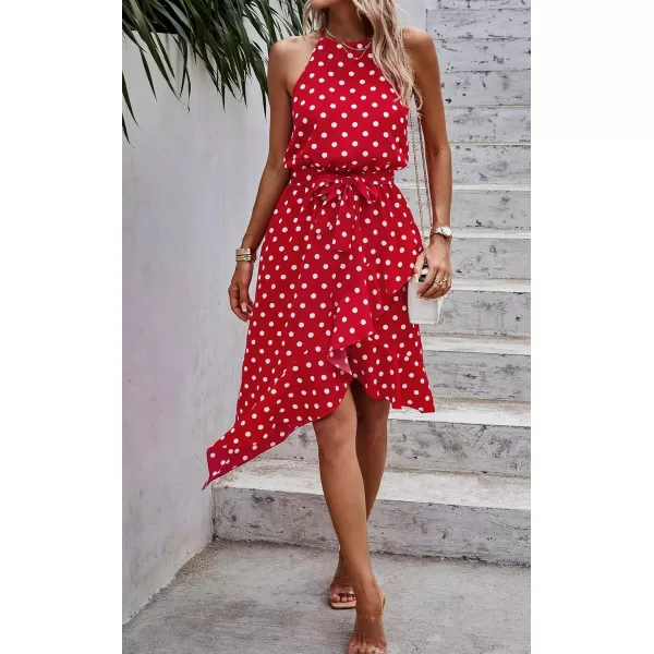 ECOWISH Womens Boho Dress Polka dot Tie Waist Irregular Cocktail Midi Dresses Sleeveless Halter Neck Sexy Sundress S3XLRed