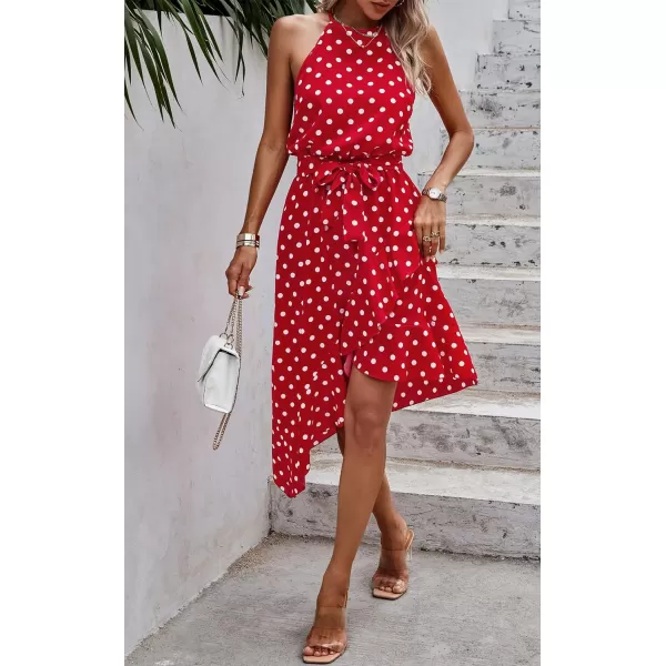 ECOWISH Womens Boho Dress Polka dot Tie Waist Irregular Cocktail Midi Dresses Sleeveless Halter Neck Sexy Sundress S3XLRed