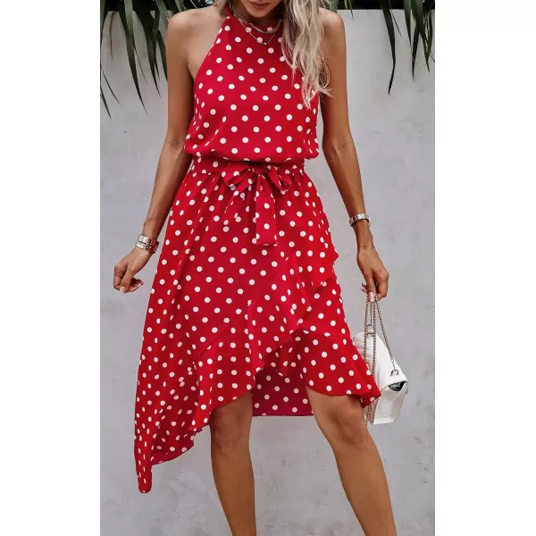 ECOWISH Womens Boho Dress Polka dot Tie Waist Irregular Cocktail Midi Dresses Sleeveless Halter Neck Sexy Sundress S3XLRed