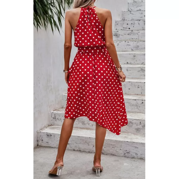 ECOWISH Womens Boho Dress Polka dot Tie Waist Irregular Cocktail Midi Dresses Sleeveless Halter Neck Sexy Sundress S3XLRed