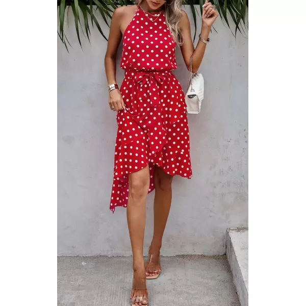ECOWISH Womens Boho Dress Polka dot Tie Waist Irregular Cocktail Midi Dresses Sleeveless Halter Neck Sexy Sundress S3XLRed