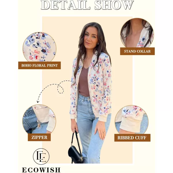 ECOWISH Womens Casual Floral Zip Up Bomber Jacket Coat Stand Collar Lightweight Short Outwear Tops Windbreaker with Pockets3303 Blue Flower