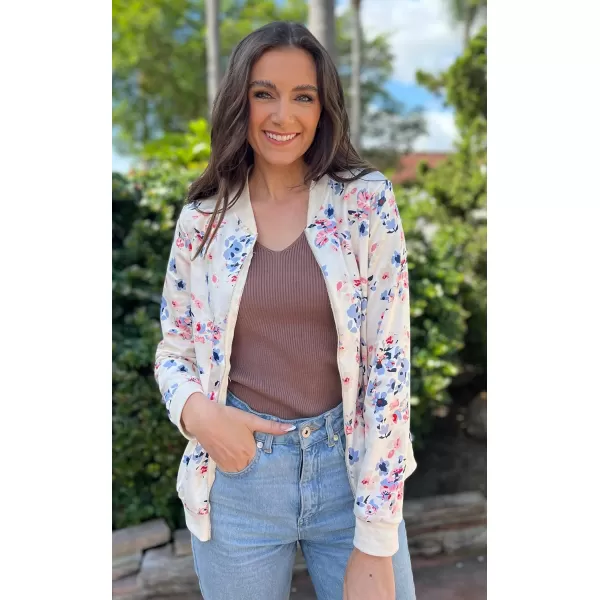 ECOWISH Womens Casual Floral Zip Up Bomber Jacket Coat Stand Collar Lightweight Short Outwear Tops Windbreaker with Pockets3303 Blue Flower