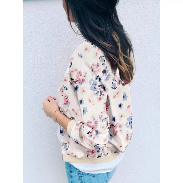 ECOWISH Womens Casual Floral Zip Up Bomber Jacket Coat Stand Collar Lightweight Short Outwear Tops Windbreaker with Pockets3303 Blue Flower