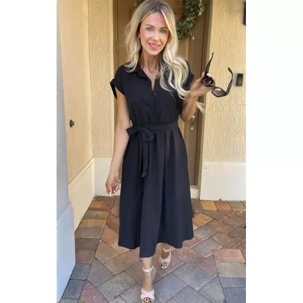 ECOWISH Womens Casual Midi Dresses Solid V Neck Short Sleeve Button Shirt Belted Dress with Pockets for Spring Summer 2024Ablack