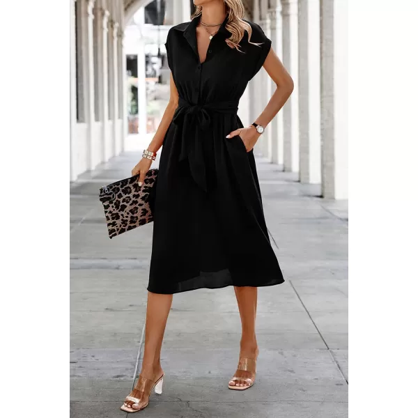 ECOWISH Womens Casual Midi Dresses Solid V Neck Short Sleeve Button Shirt Belted Dress with Pockets for Spring Summer 2024Ablack