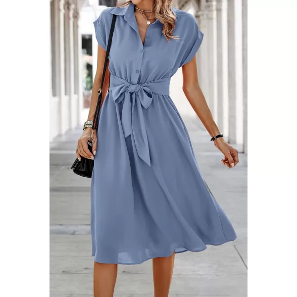 ECOWISH Womens Casual Midi Dresses Solid V Neck Short Sleeve Button Shirt Belted Dress with Pockets for Spring Summer 2024Ablue