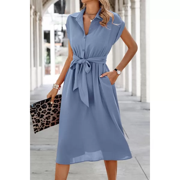 ECOWISH Womens Casual Midi Dresses Solid V Neck Short Sleeve Button Shirt Belted Dress with Pockets for Spring Summer 2024Ablue