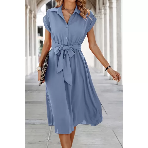 ECOWISH Womens Casual Midi Dresses Solid V Neck Short Sleeve Button Shirt Belted Dress with Pockets for Spring Summer 2024Ablue