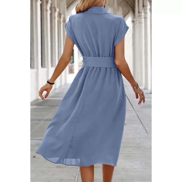 ECOWISH Womens Casual Midi Dresses Solid V Neck Short Sleeve Button Shirt Belted Dress with Pockets for Spring Summer 2024Ablue
