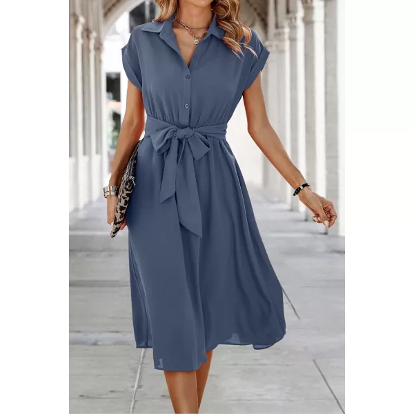 ECOWISH Womens Casual Midi Dresses Solid V Neck Short Sleeve Button Shirt Belted Dress with Pockets for Spring Summer 2024Agray Blue