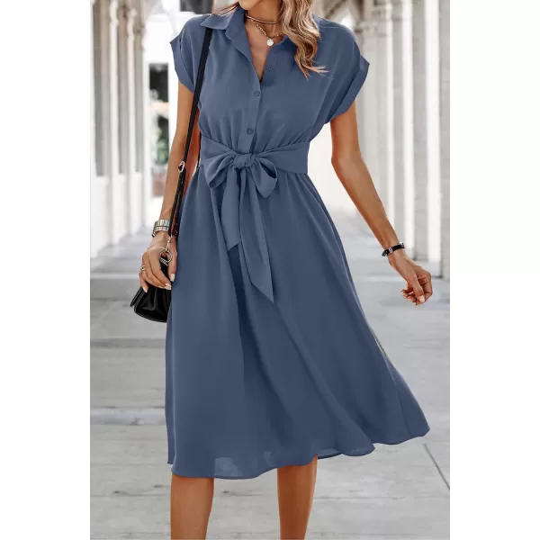 ECOWISH Womens Casual Midi Dresses Solid V Neck Short Sleeve Button Shirt Belted Dress with Pockets for Spring Summer 2024Agray Blue
