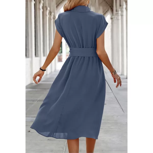ECOWISH Womens Casual Midi Dresses Solid V Neck Short Sleeve Button Shirt Belted Dress with Pockets for Spring Summer 2024Agray Blue