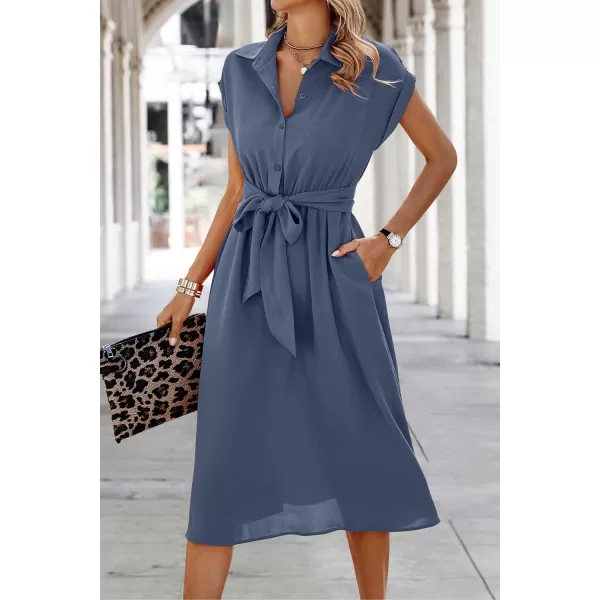 ECOWISH Womens Casual Midi Dresses Solid V Neck Short Sleeve Button Shirt Belted Dress with Pockets for Spring Summer 2024Agray Blue