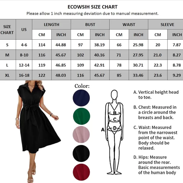 ECOWISH Womens Casual Midi Dresses Solid V Neck Short Sleeve Button Shirt Belted Dress with Pockets for Spring Summer 2024Agreen