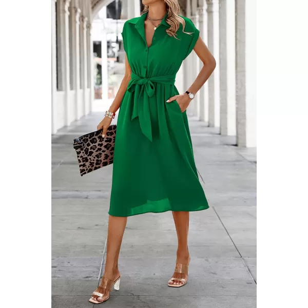ECOWISH Womens Casual Midi Dresses Solid V Neck Short Sleeve Button Shirt Belted Dress with Pockets for Spring Summer 2024Agreen
