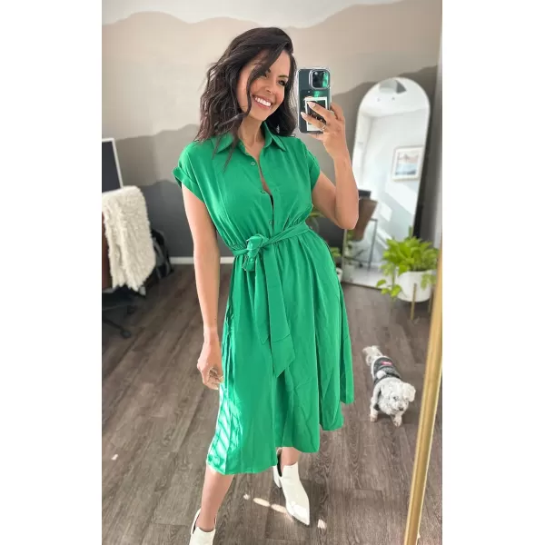 ECOWISH Womens Casual Midi Dresses Solid V Neck Short Sleeve Button Shirt Belted Dress with Pockets for Spring Summer 2024Agreen