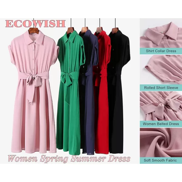 ECOWISH Womens Casual Midi Dresses Solid V Neck Short Sleeve Button Shirt Belted Dress with Pockets for Spring Summer 2024Agreen