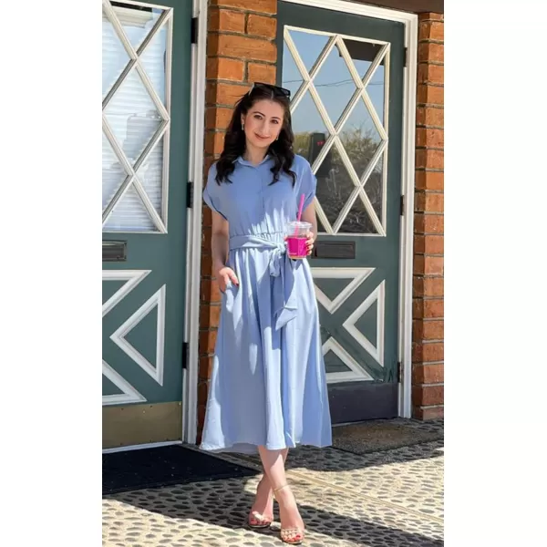 ECOWISH Womens Casual Midi Dresses Solid V Neck Short Sleeve Button Shirt Belted Dress with Pockets for Spring Summer 2024Alight Blue