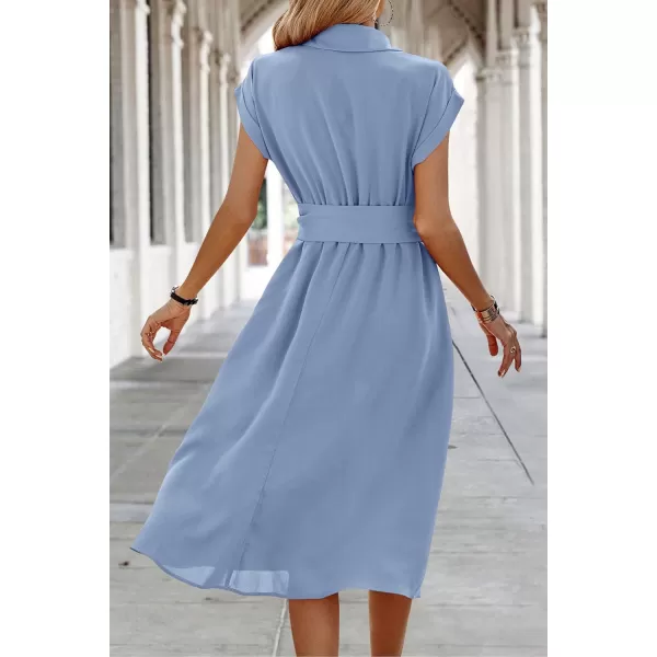 ECOWISH Womens Casual Midi Dresses Solid V Neck Short Sleeve Button Shirt Belted Dress with Pockets for Spring Summer 2024Alight Blue