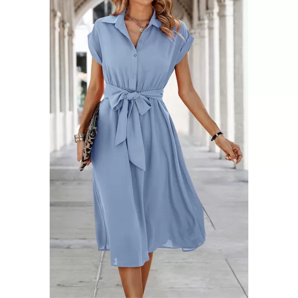 ECOWISH Womens Casual Midi Dresses Solid V Neck Short Sleeve Button Shirt Belted Dress with Pockets for Spring Summer 2024Alight Blue
