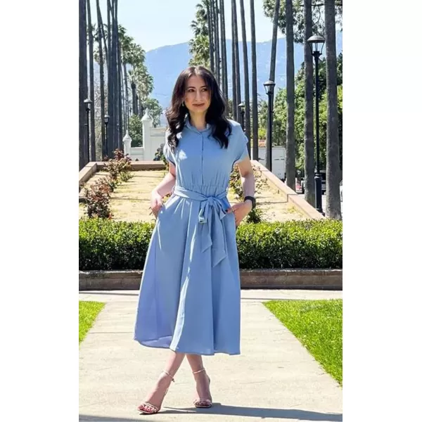 ECOWISH Womens Casual Midi Dresses Solid V Neck Short Sleeve Button Shirt Belted Dress with Pockets for Spring Summer 2024Alight Blue