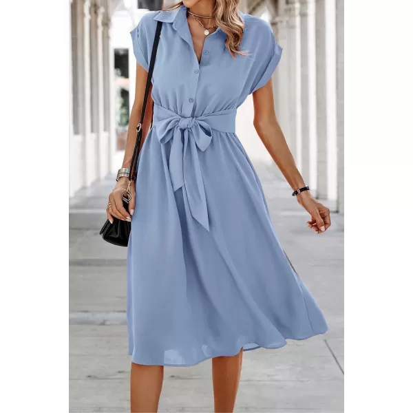 ECOWISH Womens Casual Midi Dresses Solid V Neck Short Sleeve Button Shirt Belted Dress with Pockets for Spring Summer 2024Alight Blue