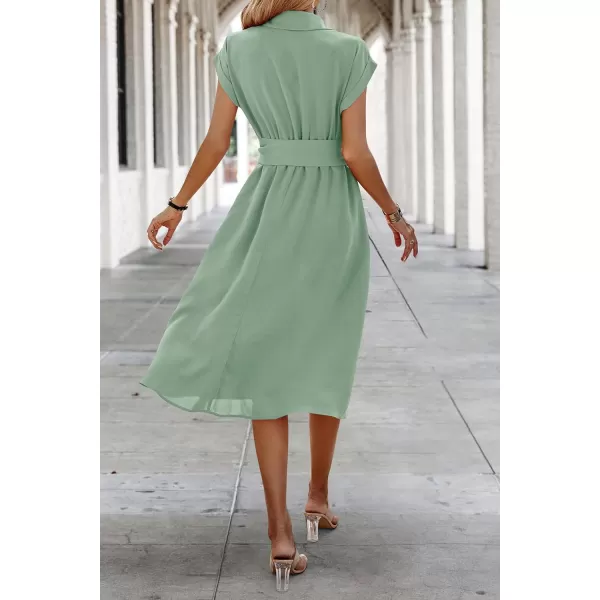 ECOWISH Womens Casual Midi Dresses Solid V Neck Short Sleeve Button Shirt Belted Dress with Pockets for Spring Summer 2024Alight Green