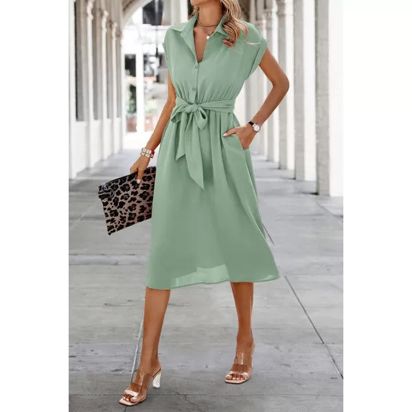 ECOWISH Womens Casual Midi Dresses Solid V Neck Short Sleeve Button Shirt Belted Dress with Pockets for Spring Summer 2024Alight Green