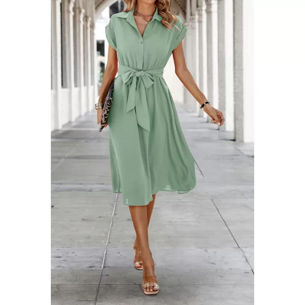 ECOWISH Womens Casual Midi Dresses Solid V Neck Short Sleeve Button Shirt Belted Dress with Pockets for Spring Summer 2024Alight Green
